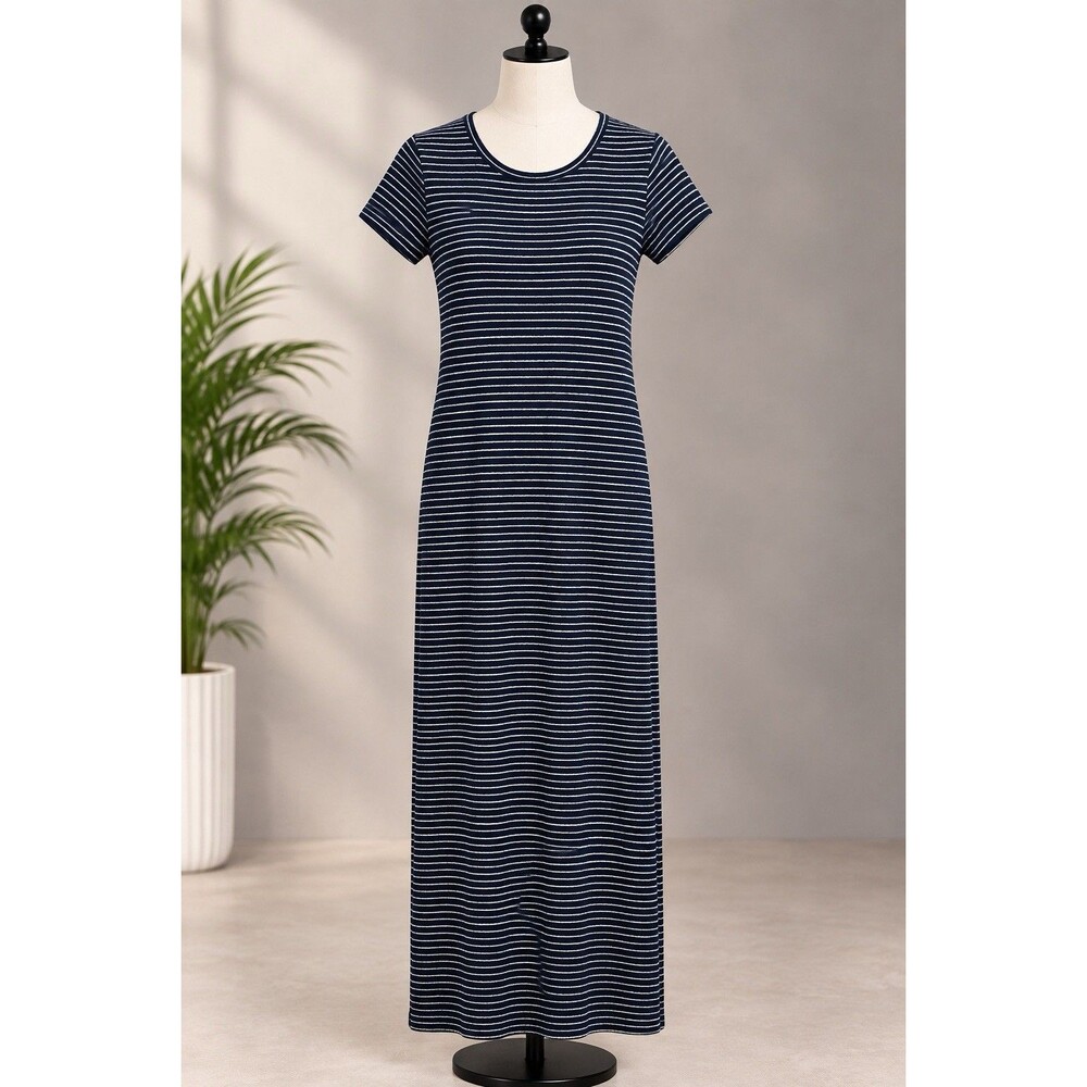 Old Navy Womens Sz XS Maxi Dress Navy Blue White Strip Scoop Neck Short Sleeve